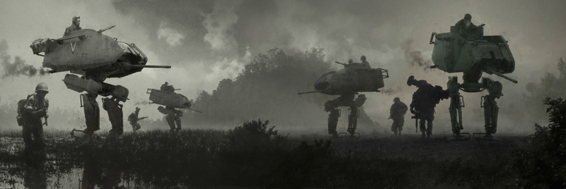 Art by Form Language Studio. Vogt-Roberts said, “This beautiful photobash inspired by Walker Gear is an exploration of if bipedal technology proliferated into other countries earlier in history with their own spin on the design.”